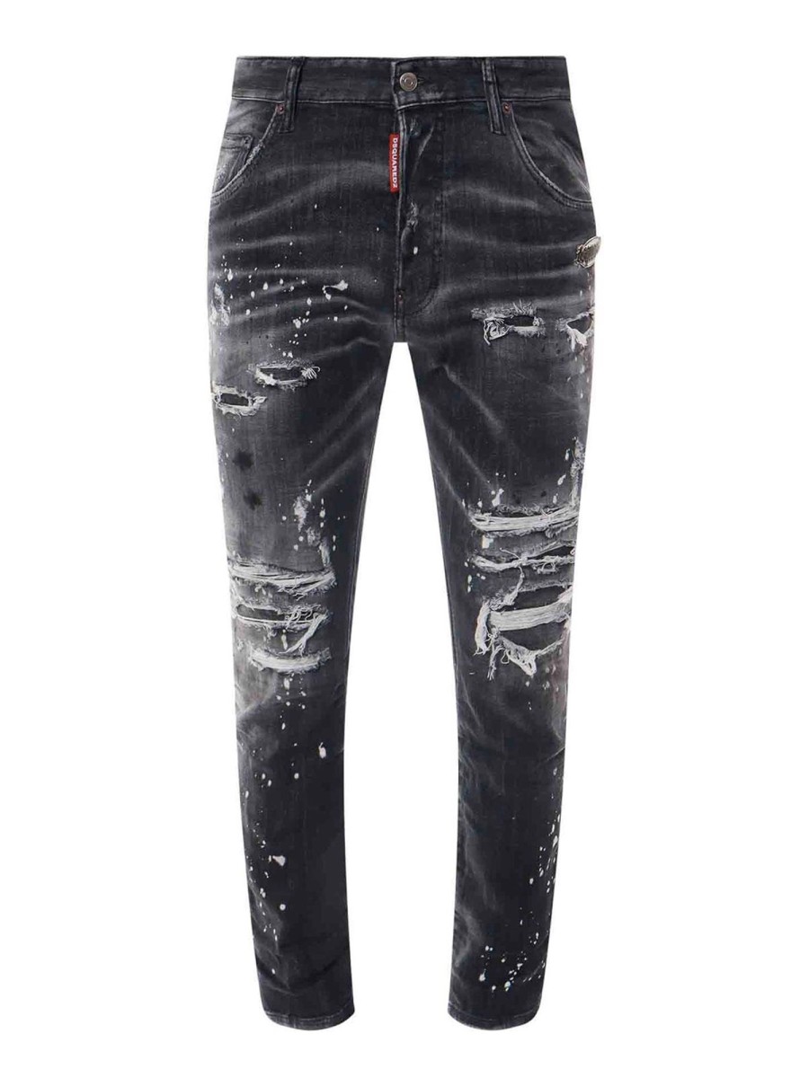 Uomo Dsquared2 | Pantalone In Denim Nero Con Effetto Distrutto