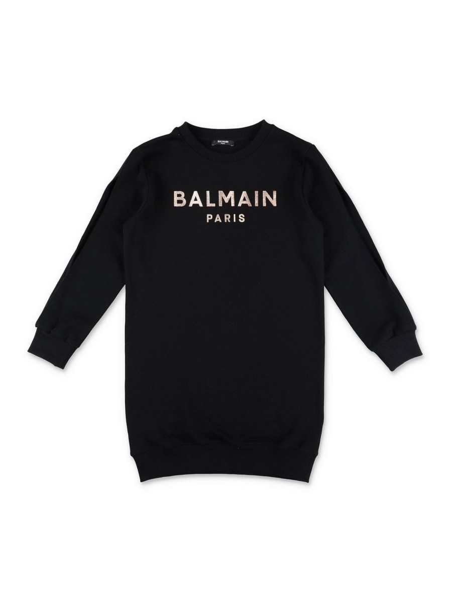 Bambino Balmain | Abito Bambina Balmain In Cotone Nero