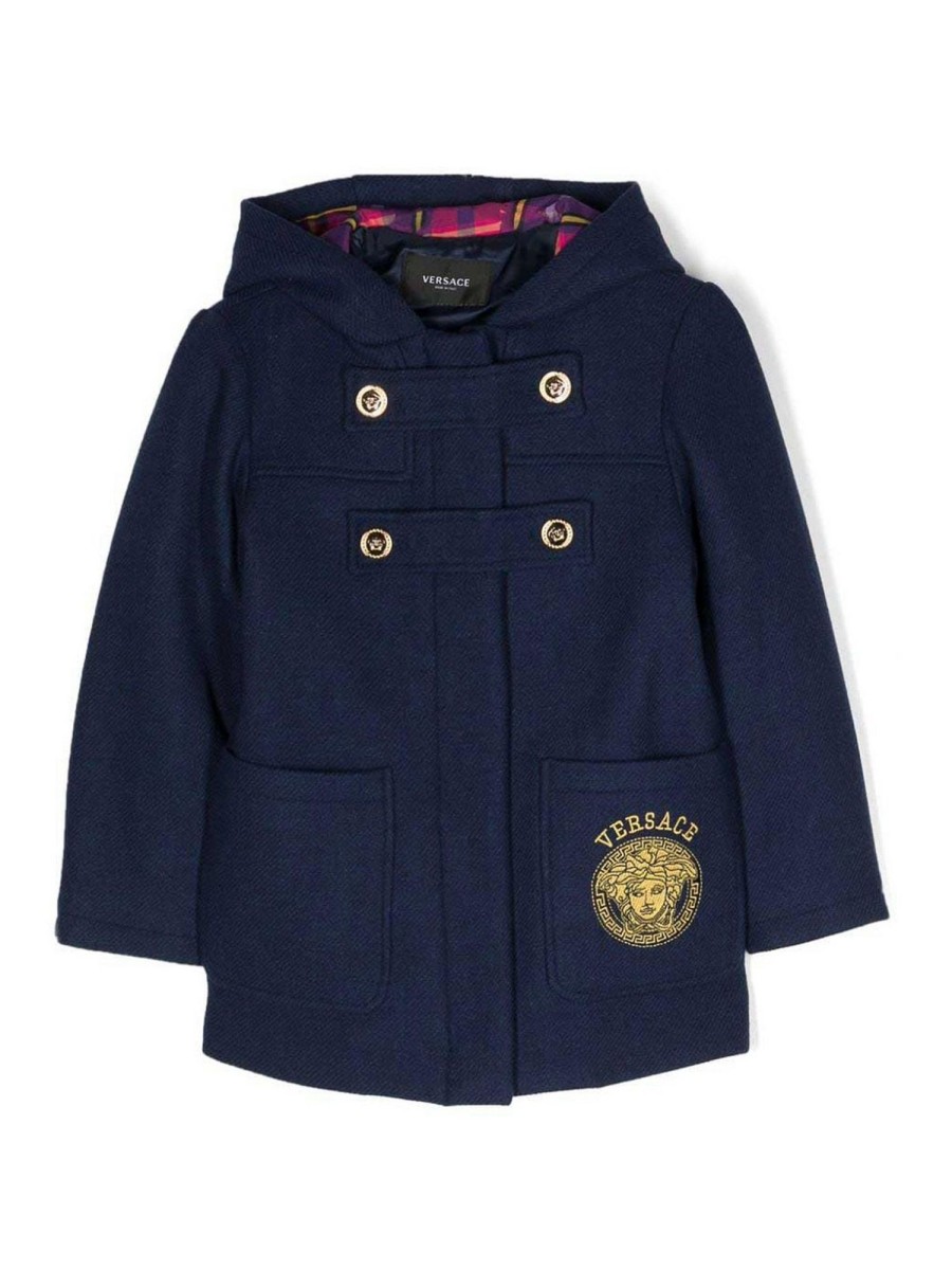 Bambino Versace | Cappotto In Misto Lana Blu Con Cappuccio