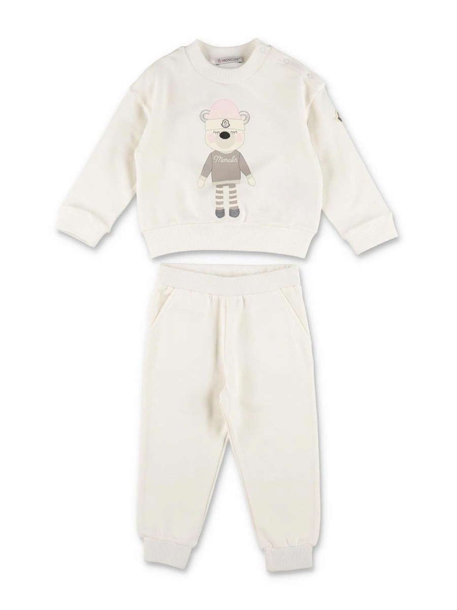 Bambino Moncler | Completo In Cotone Bianco Pantaloni E Felpa