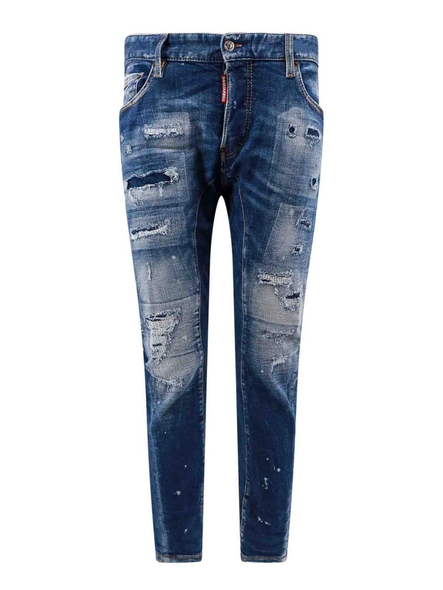 Uomo Dsquared2 | Tag Logo Multicolor Effetto Destroyed Jeans