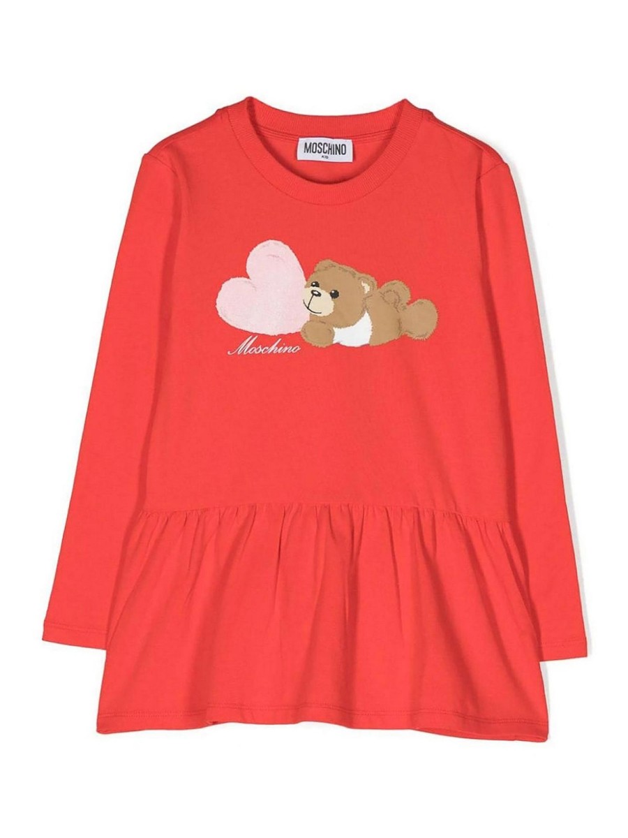 Bambino Moschino | Abito Moschino In Cotone Rosso Con Orsetto