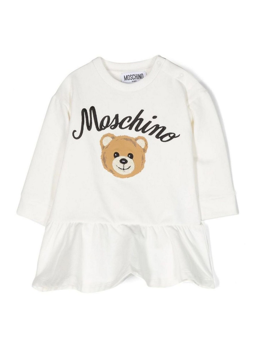 Bambino Moschino | Vestito Svasato Color Crema Con Logo Ricamato