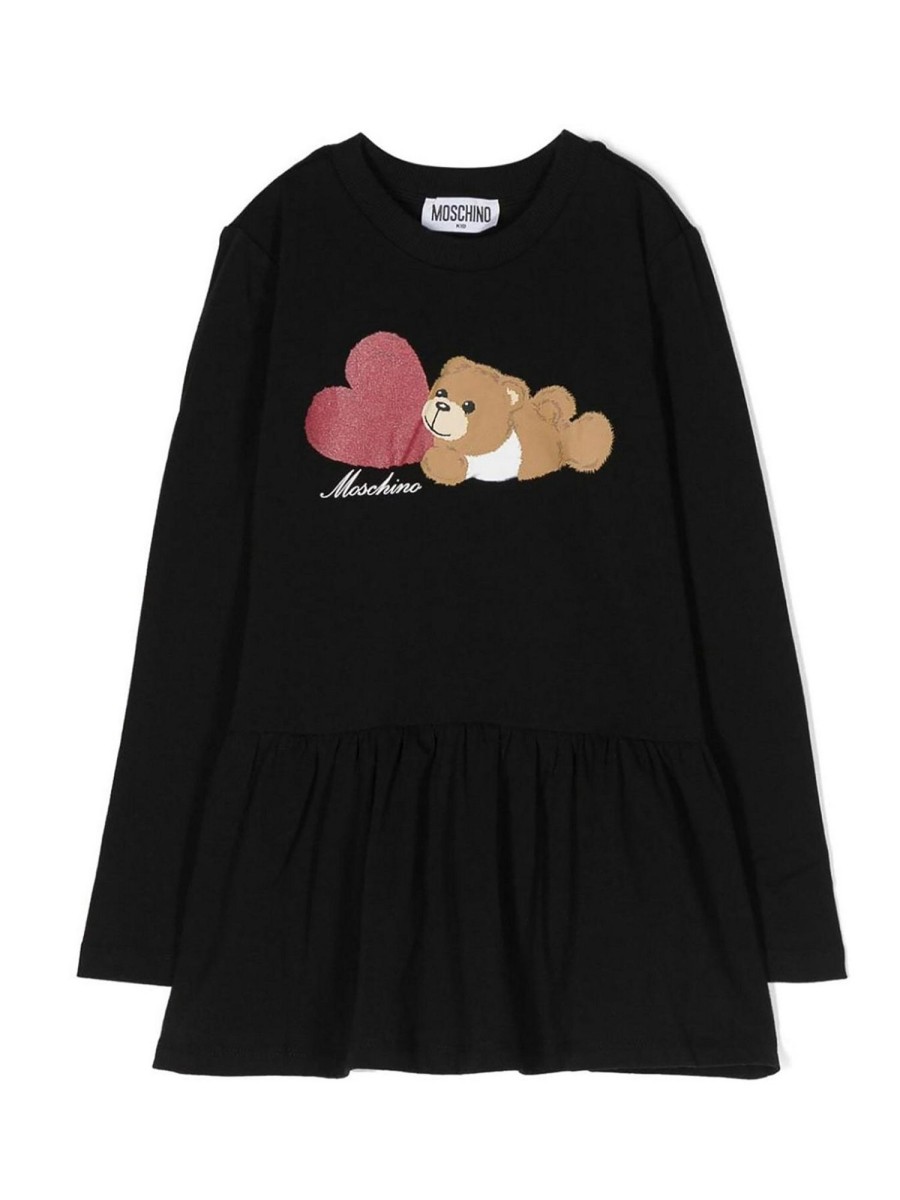 Bambino Moschino | Abito Moschino In Cotone Nero Con Orsetto