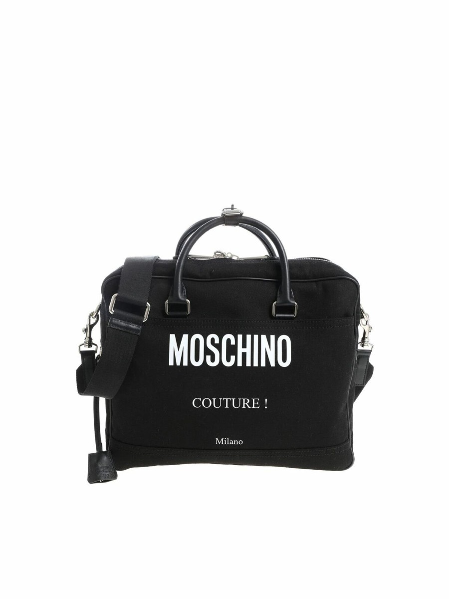 Uomo Moschino | Borsa A Mano In Tessuto Nero Con Lucchetto