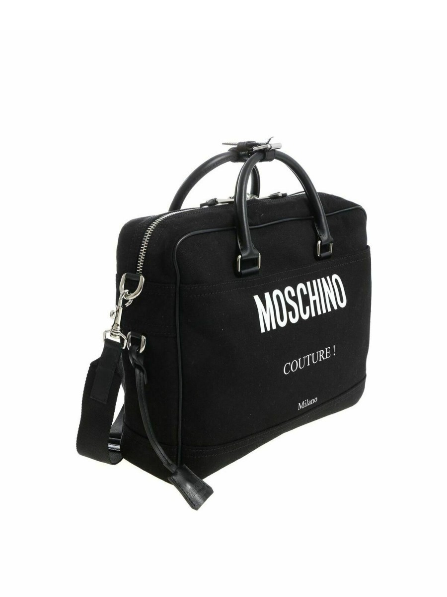 Uomo Moschino | Borsa A Mano In Tessuto Nero Con Lucchetto