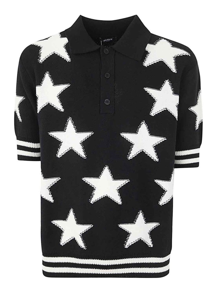 Uomo Balmain | Polo In Cotone Con Stelle Ao