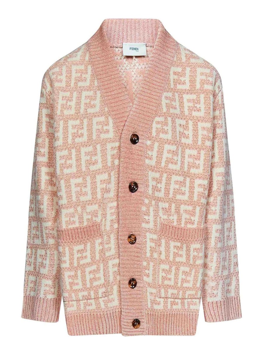 Bambino Fendi Jr | Cardigan In Ciniglia Color Crema E Rosa