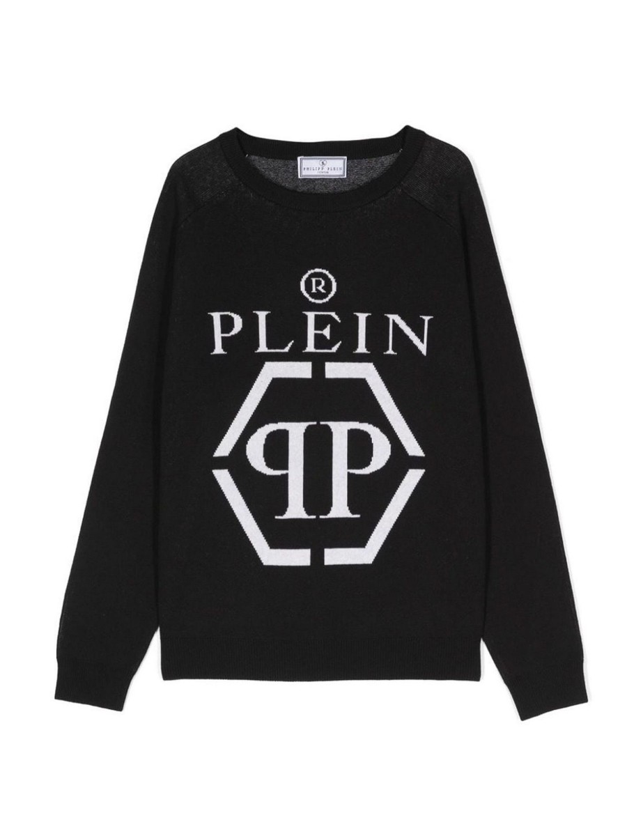 Bambino Philipp Plein | Maglione Lavorato A Maglia Nero Philipp Plein