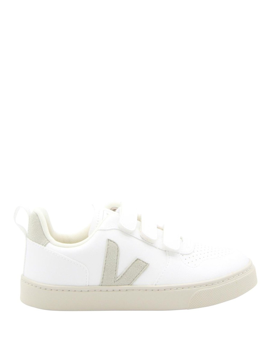 Bambino Veja | Sneakers V-10 Bianche E In Pelle Naturale