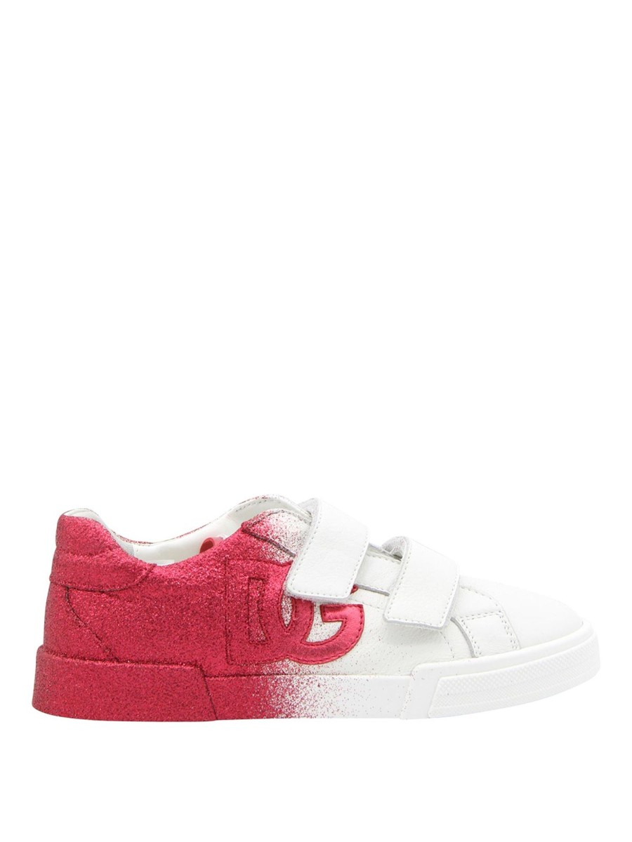 Bambino Dolce & Gabbana | Sneakers In Pelle Bianca E Fucsia Con Logo